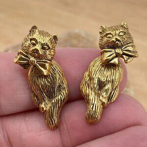 Vintage 80s Avon Cat Earrings Dangling Articulated 1 1/4" Gold Tone